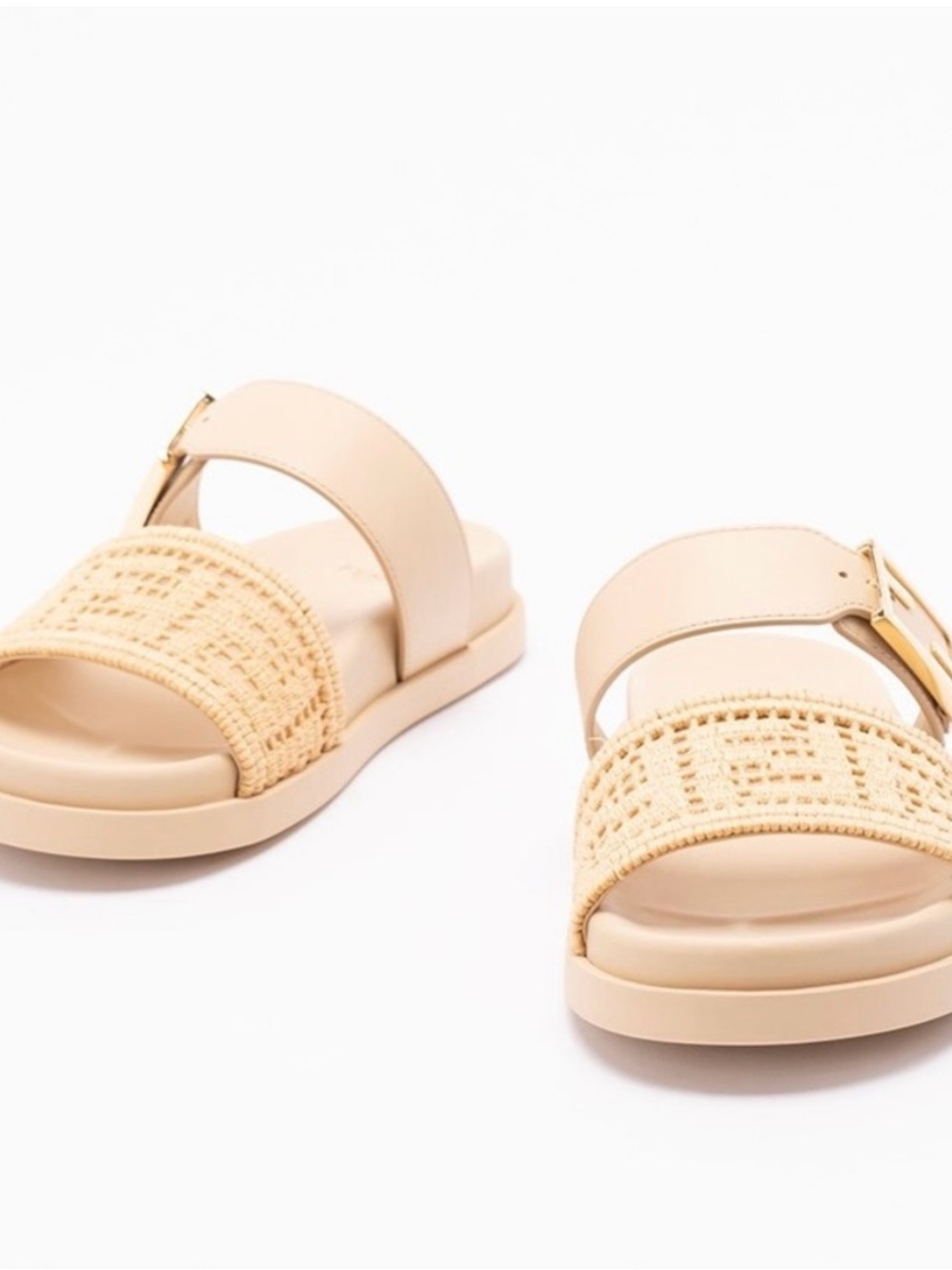 NEW Fendi Feel Cream Beige Leather & Raffia Sandals w/ FF Gold Logo - Size 38 - Picture 7 of 12
